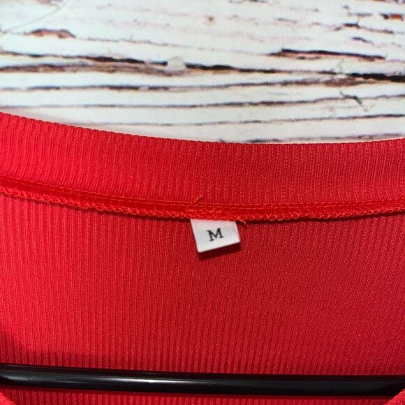 Women’s Ribbed Red V-Neck Bell Sleeve Blouse - Picture 4 of 4